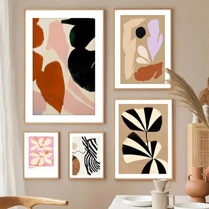 Nordic Beige & Black Geometric Floral Line Art Canvas Print