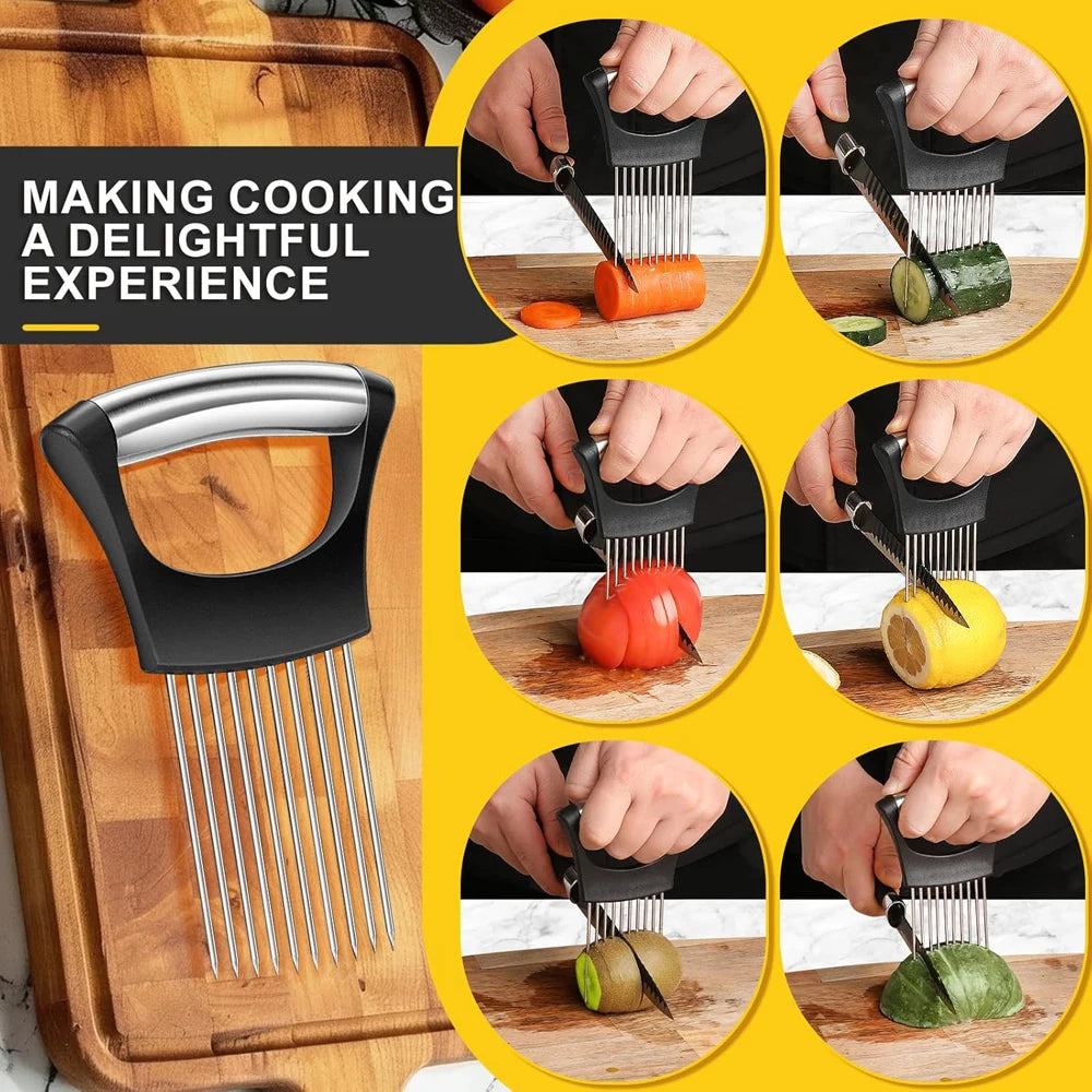 Stainless Steel Onion Cutter Holder Food Slicers Assistant Tomato Onion Slicer Holder Vegetables Cutting Fork Kitchen Gadgets