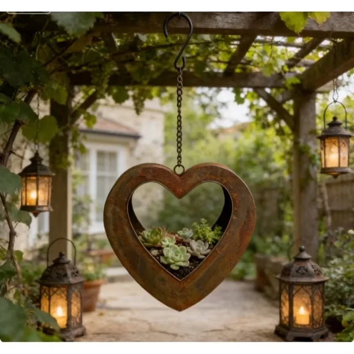 1pc vintage rusted heart hanging planter creative ironwork heart-shaped hollowed-out flower basket