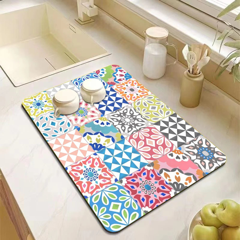 Mandala Print Diatomite Kitchen Drain Mat – Anti-Slip, Absorbent Countertop Pad