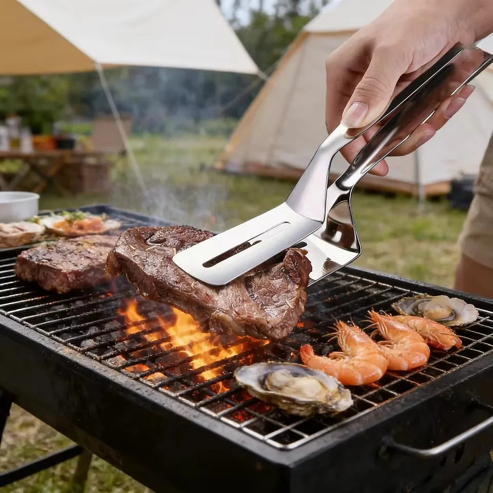 Stainless Steel Double-Sided Cooking Tongs – Spatula Clip for Steak, Fish & Pizza