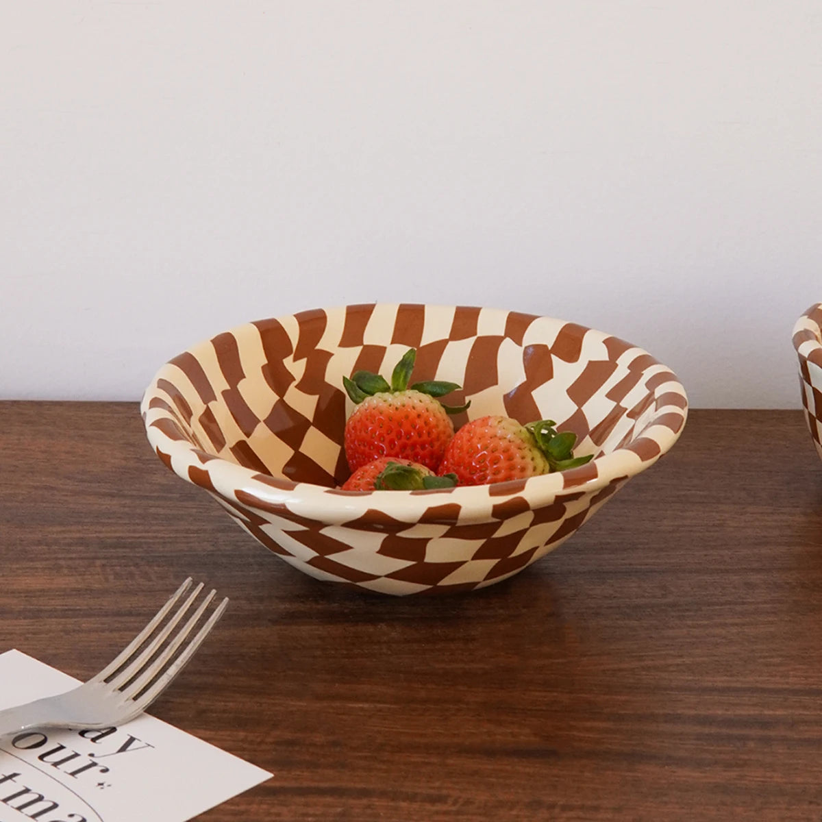 Rose Striped Checkerboard Ceramic Dessert Bowl – Aesthetic Hand-Painted Design