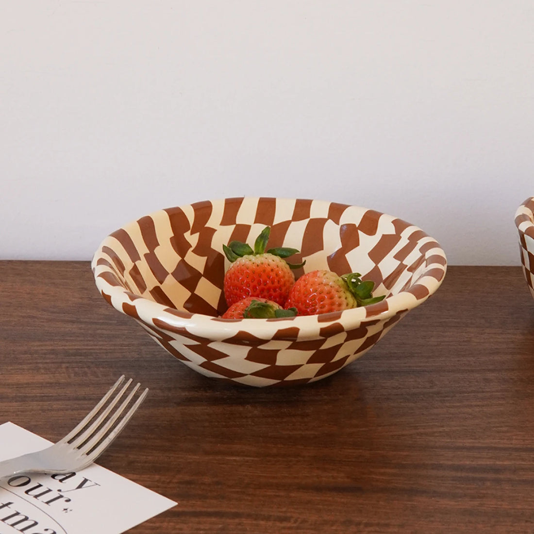 Rose Striped Checkerboard Ceramic Dessert Bowl – Aesthetic Hand-Painted Design