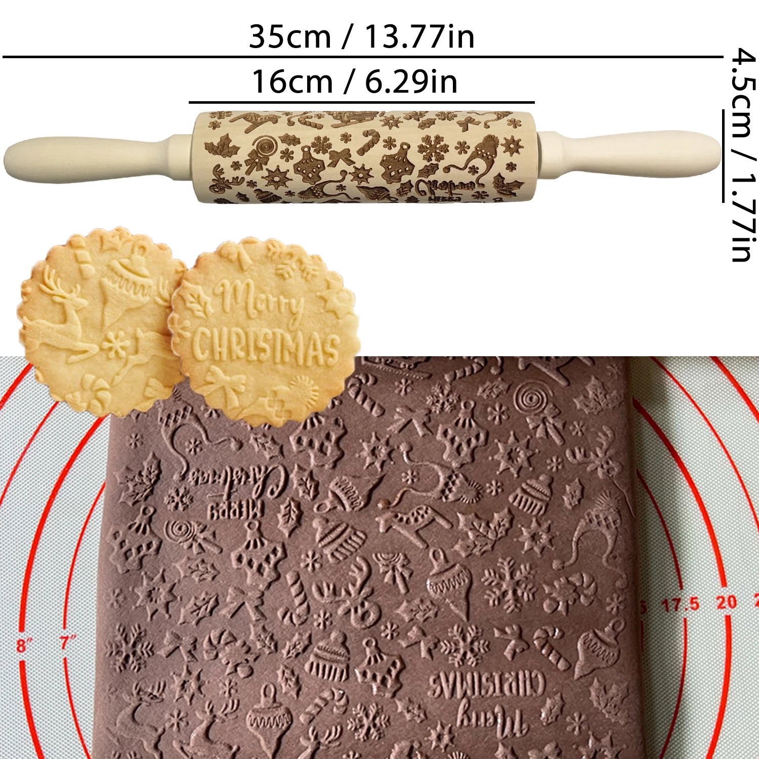 Wooden Rolling Pin for Christmas, 3D DIY Engraved Embossing Rolling Pins with Xmas Reindeer Flower Pattern, for Baking Cookies