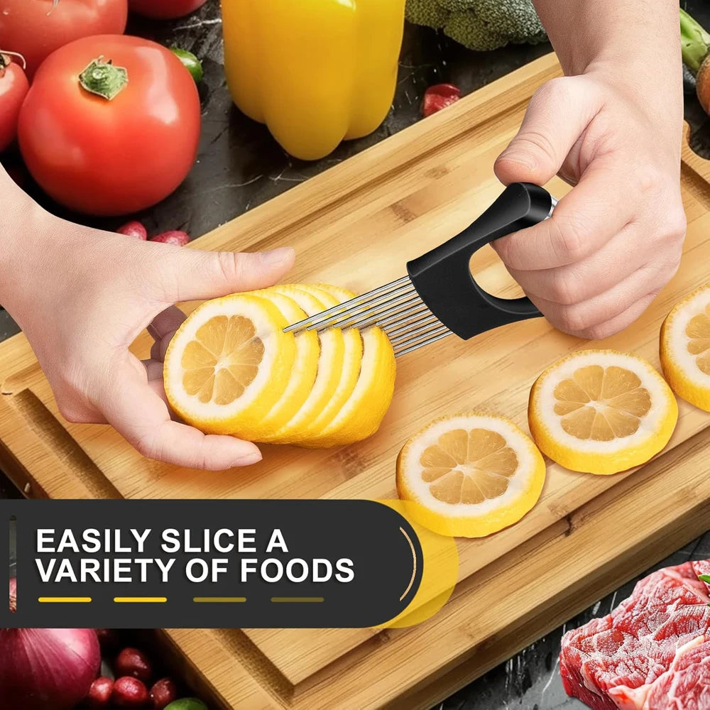 Stainless Steel Onion Cutter Holder Food Slicers Assistant Tomato Onion Slicer Holder Vegetables Cutting Fork Kitchen Gadgets