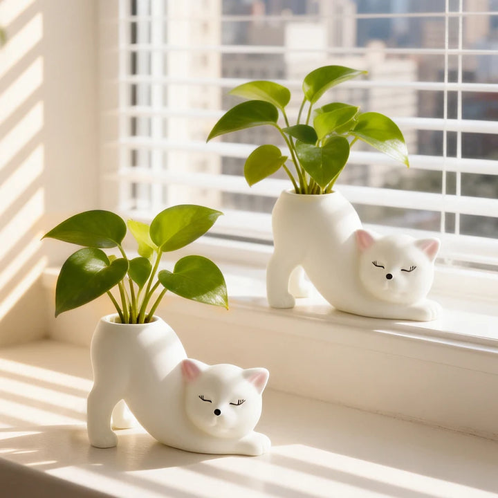 Curly Pose Cat Resin Planter – Cute Desktop Pot for Cacti & Trailing Plants