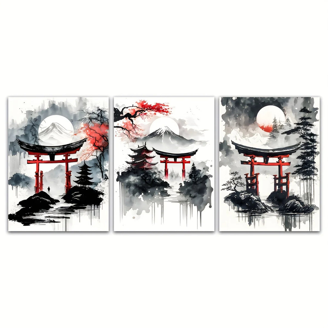 Japanese Landscape Canvas Prints – Black & Red Ink Art
