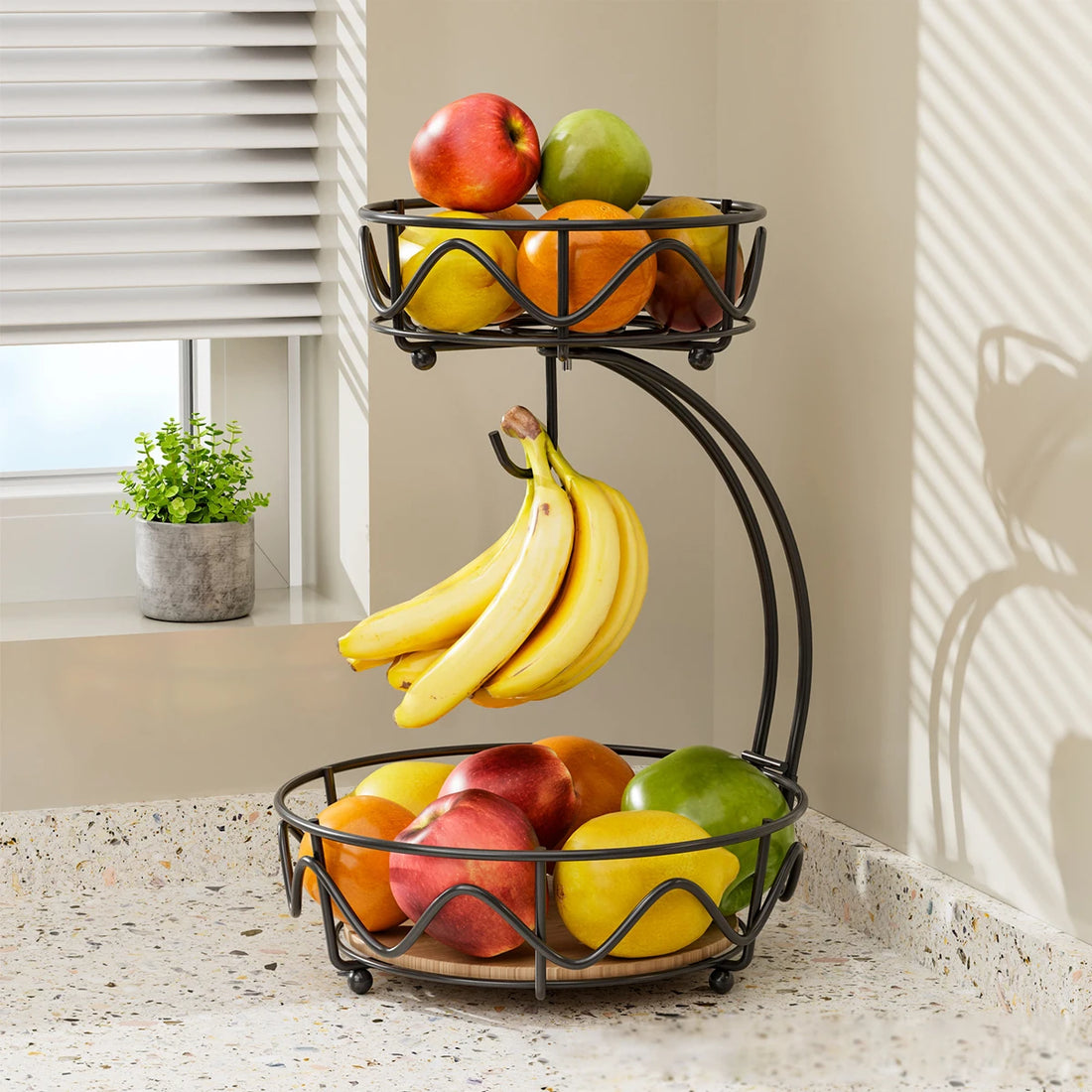 2-Tier Metal Fruit Basket with Banana Hanger & Wooden Base – Countertop Organiser